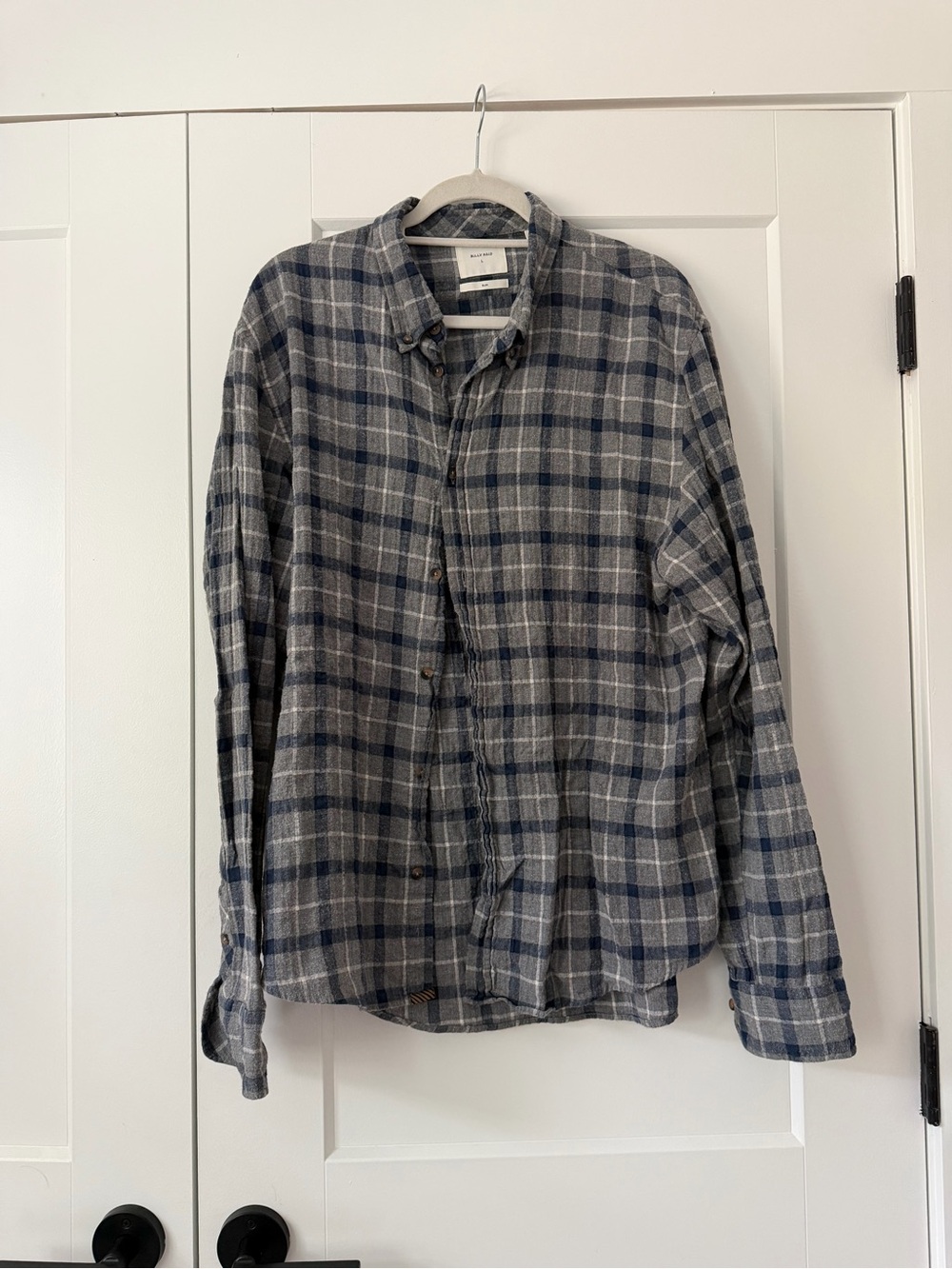 Billy Reid Gray and Blue Plaid Cotton Button-Down Shirt